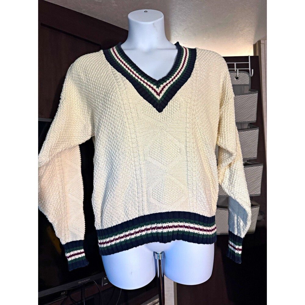 Vintage Eddie Bauer Men’s Cable Knit Sweater Made in USA Cream Striped 90s